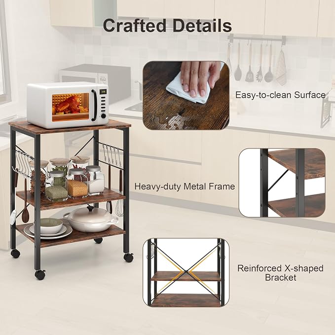 Giantex Kitchen Bakers Rack 3-Tier Microwave Cart on Wheels, Industrial Utility - Image 8