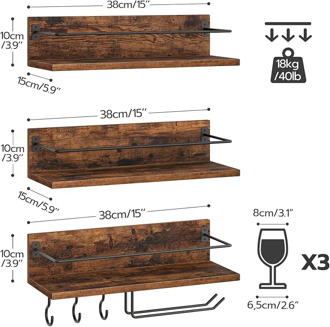 HOOBRO Wall Mounted Wine Rack 3 Pack, Wine Shelf Hanging Floating Wall Shelves - Image 3