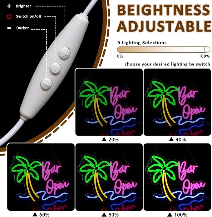 Bar Open Sign for Business, Neon Open Sign, USB Dimmable Palm Tree Neon Lights - Image 3