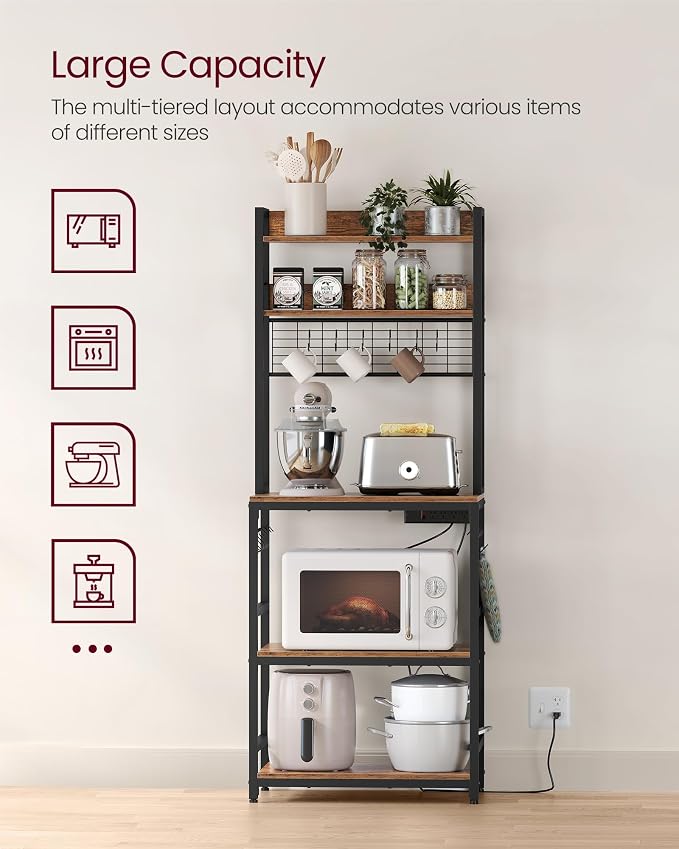 VASAGLE Bakers Rack with Power Outlet, Microwave Stand, Kitchen Tall Utility - Image 4
