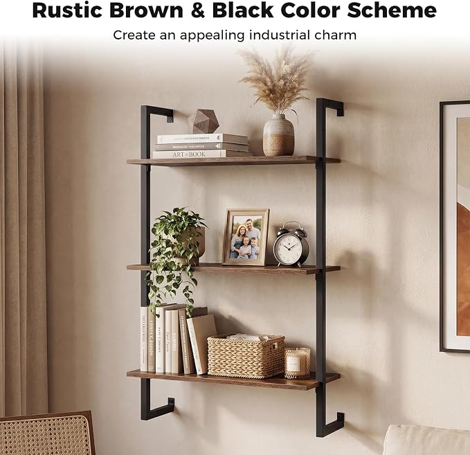 Giantex 3-Tier Wall-Mounted Bookshelf Set of 2, Industrial Floating Storage - Image 4