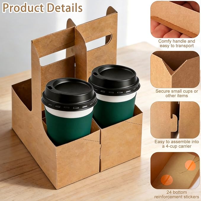 2 Cup Drink Carrier with Handle, 12 Pack Disposable Coffee Cup Carrier - Image 3
