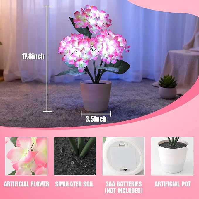 Pink Artificial Hydrangea LED Flower Pot - Image 7