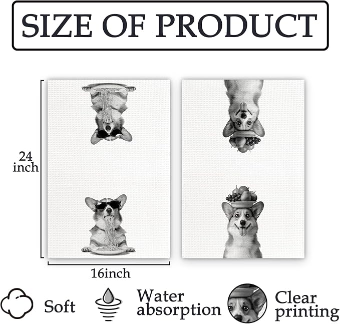 Corgi Gifts Funny Dog Kitchen Towels Set of 2, Funny Dog Eating Pasta - Image 7