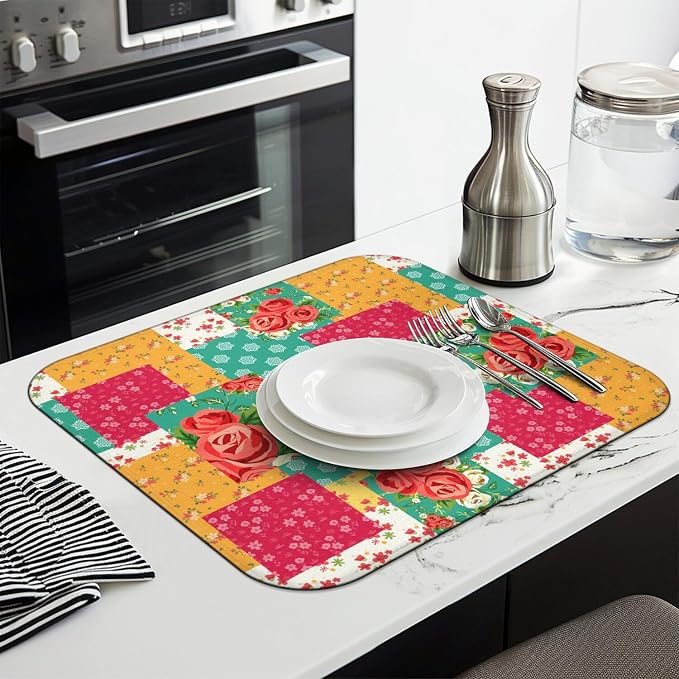 Boho Floral Dish Drying Mat for Kitchen Countertops, Farmhouse Flower - Image 4