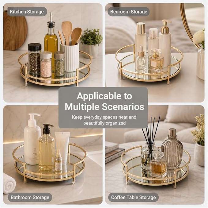 Round 12" Mirror Decor & Golden Tray, Metal Mirror Serving & Glass Vanity & - Image 4
