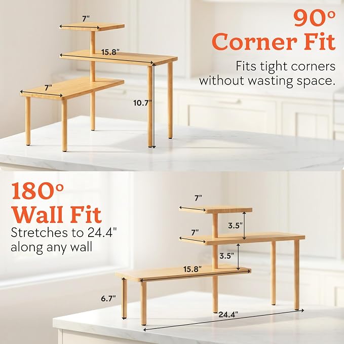 HOMESTEAD 3-Tier Bamboo Corner Shelf Organizer, 90° or 180° Layout Countertop - Image 3