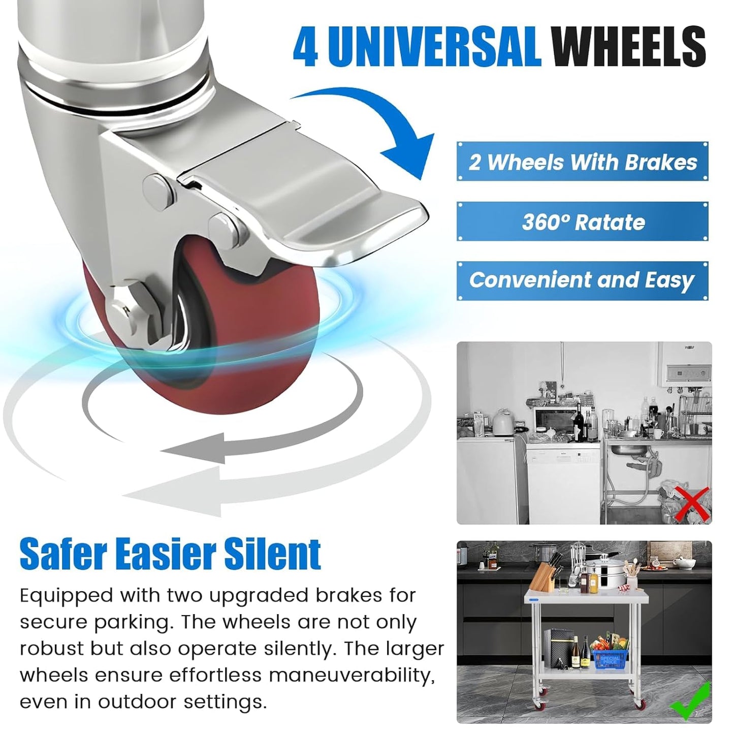 Stainless Steel Table for Prep & Work with 4 Caster Wheels with Undershelf 30 x 36 NSF Metal Commercial Kitchen Adjustable Under Shelf Worktable for Restaurant Home Outdoor
