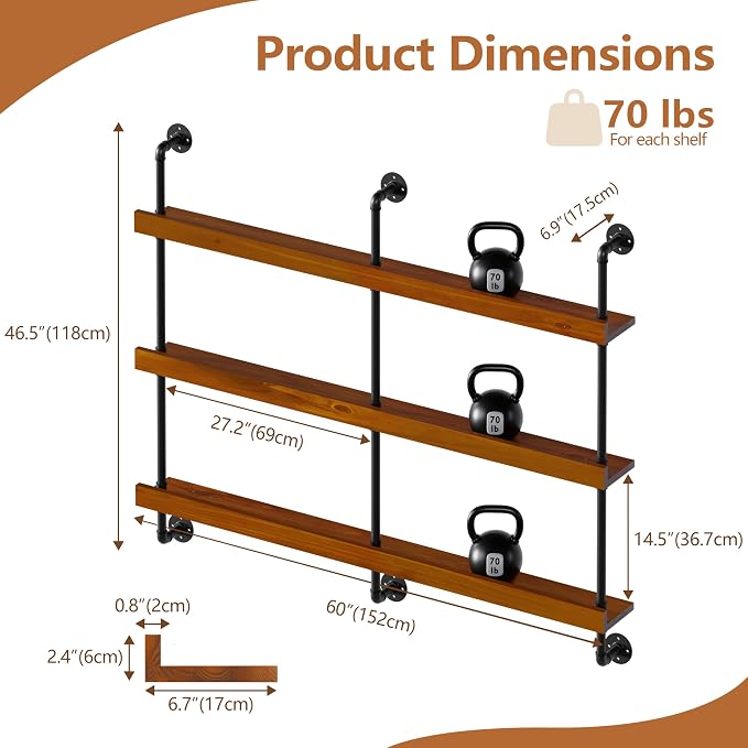 Wall Mounted Wine Rack with LED Light, LED Industrial Pipe Wine Shelf, 3-Tier - Image 2