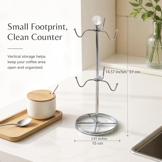 Mug Tree Coffee Cup Holder for Counter Top 6 Hooks | Double Tier Metal Mug Tree - Image 2