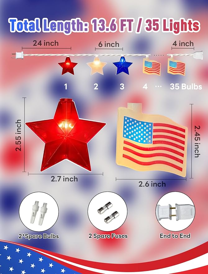 35 LED Red White Blue String Lights, 13.6FT 4th of July Decoration Lights - Image 2