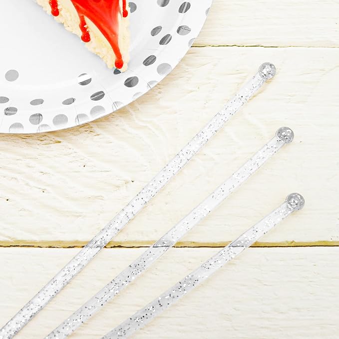 hapray 50-PCS Silver Glitter Plastic Swizzle Sticks, Crystal Cake Pops - Image 3
