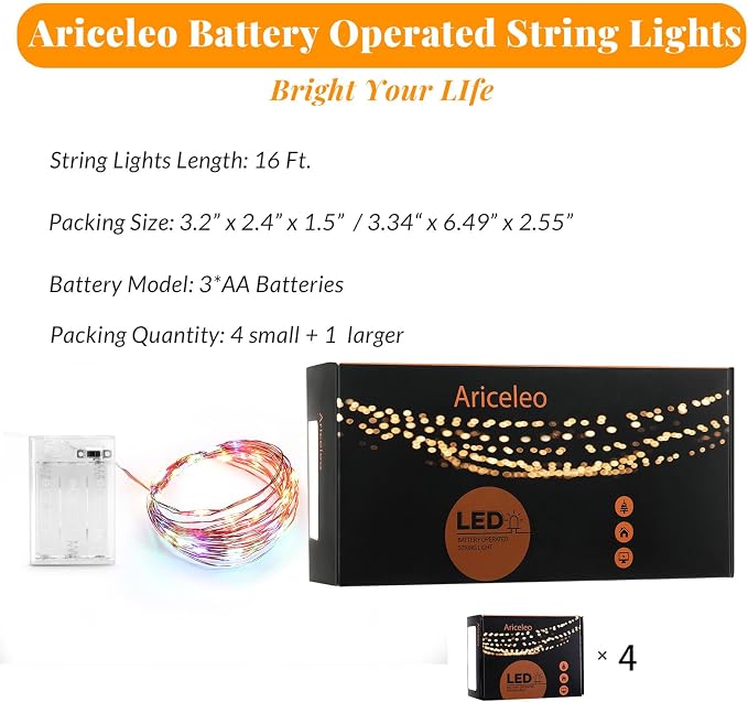 Ariceleo Led Fairy Lights Battery Operated, 4 Packs Mini Battery Powered Copper - Image 2