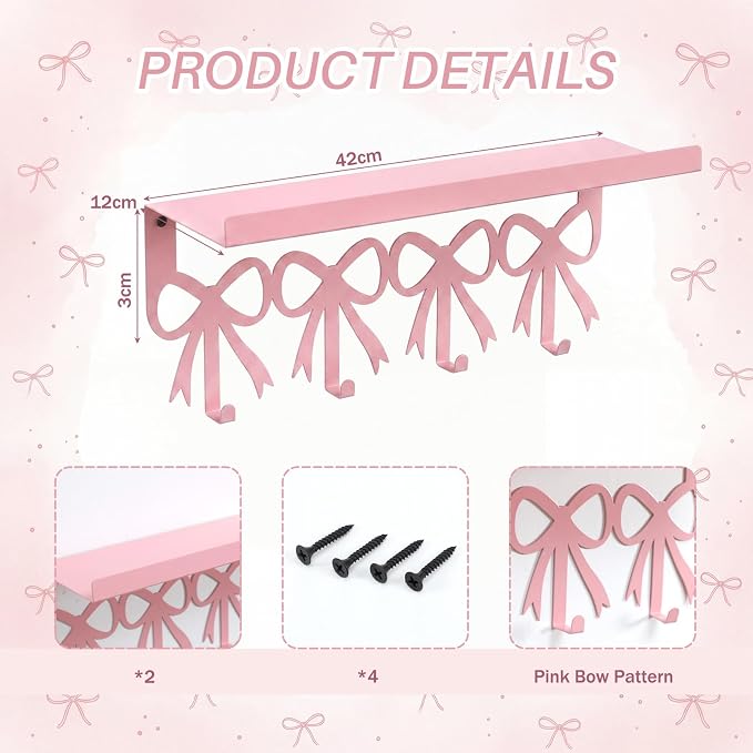 2 Pcs Pink Bow Coffee Mug Rack Pink Coffee Bar Accessories Wall Mounted - Image 2
