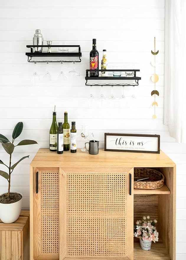 Mkono Wall Mounted Wine Rack Set of 2 Wood Shelf Rustic Wine Bottle Glass - Image 4