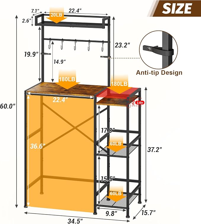 Mini Fridge Stand with Storage Shelves, Kitchen Bakers Rack, Coffee Bar - Image 2
