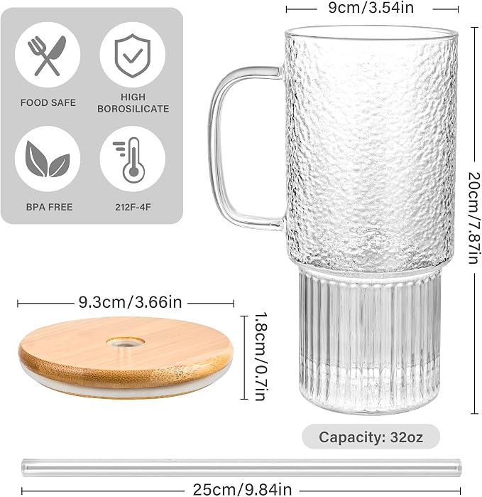 32oz Glass Cups with Handle & Bamboo Lids and Straws, Borosilicate Glass - Image 4