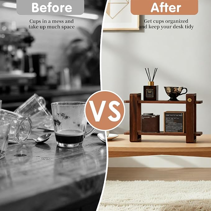 Coffee Station Organizer for Kitchen Walnut Wooden Countertop Mug Holder 2 Tier - Image 5