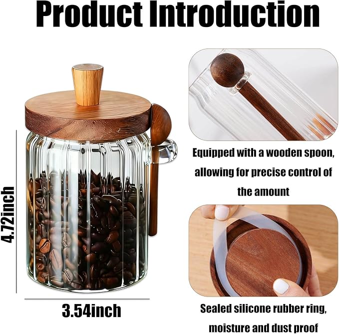 Glass Jar With Wooden Lid And Spoon, Glass Food Storage Canister, Airtight - Image 2