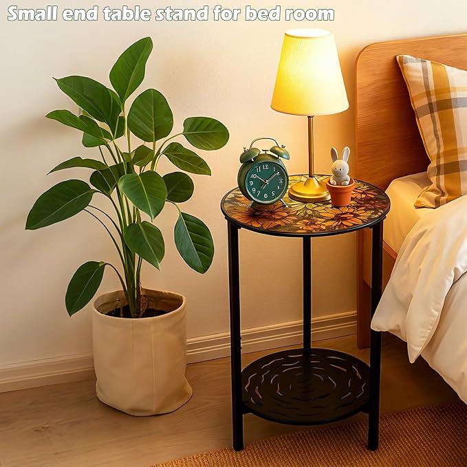 2-Tier Metal Round Side Table Black Accent Coffee Tables Small Space Corner - Image 7
