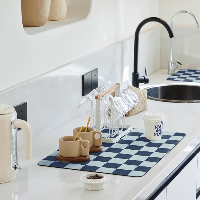 Ohocut Navy Blue Checkered Dish Drying Mat by Ohocut
