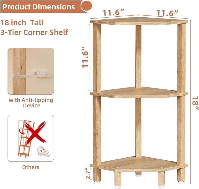 YUFAM 3-Tier Corner Shelf with Sturdy 5-Leg Base, Wooden Corner Bookshelf - Image 3