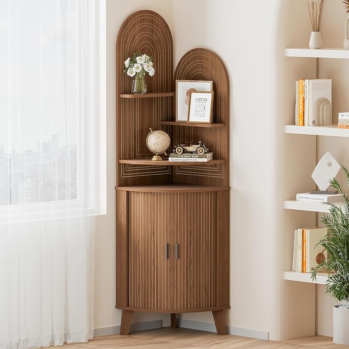 Small Corner Cabinet with Sliding Door and Storage, Tall Corner Bathroom Cabinet by Pruchant