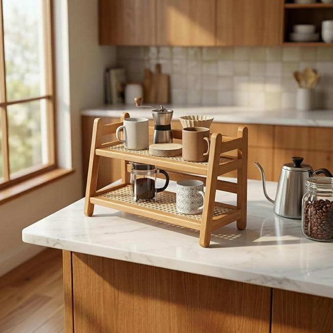 2-Tier Coffee Station Organizer, Bamboo Coffee Cup Holder - Image 7