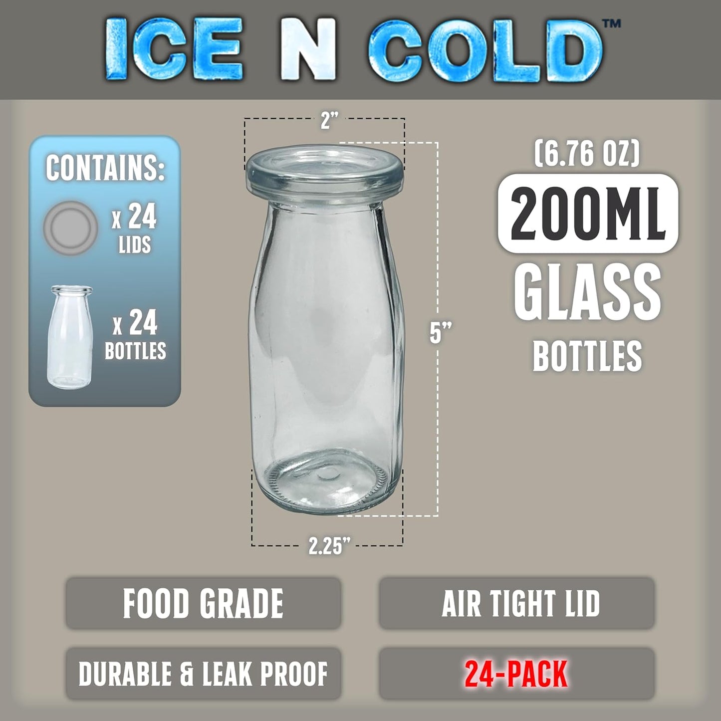 6.76 oz / 200ml Vintage Glass Bottle with Leakproof Clear Lid, Reusable & Eco-Friendly – Ideal for Milk, Juices, Smoothies, Infused Water, BPA-Free Glass Bottle (24-Pack)