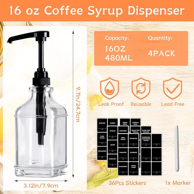 4 Pack Coffee Syrup Dispenser 16 oz, Syrup Dispenser - Image 2