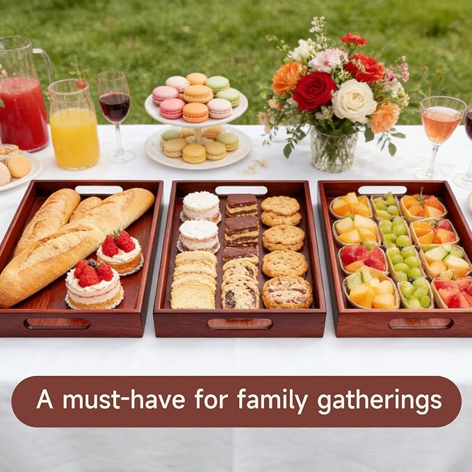 Acacia Wood Serving Tray with Handles, 17 x 12 Inch Large Wooden Tray - Image 6
