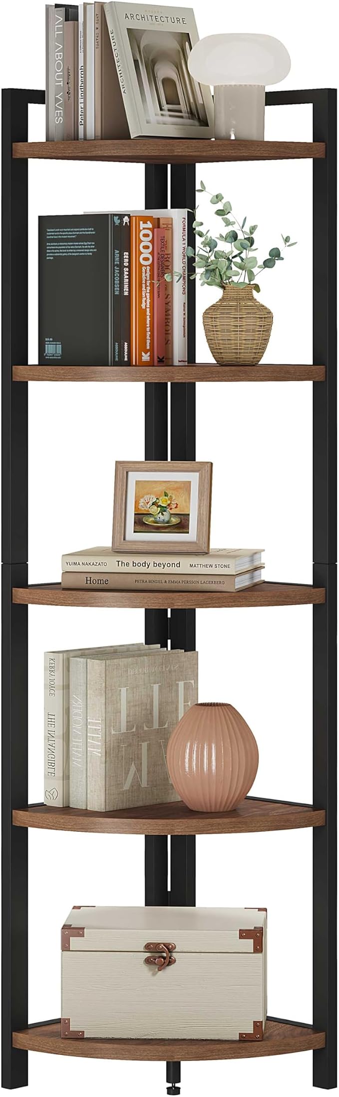 FATORRI Tall Corner Shelf, Industrial Corner Bookshelf, Wood and Metal Corner - Image 9