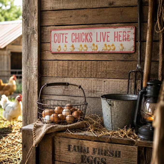 Cute Chicks Live Here Sign, Chicken Coop Decor, Rusty Metal Tin Signs 15.8x4 - Image 4