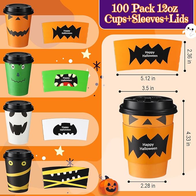 Umigy 100 Pack Halloween Disposable Coffee Cups 12 oz Paper Coffeeware - Image 3