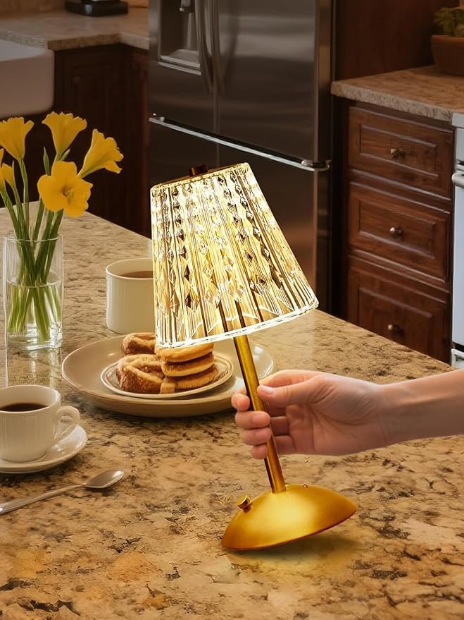 【3200mAh】Brass Table Lamp, 3 Colors+Dimmable+Touch Crystal Lamp LED Gold Lamp by OneFire