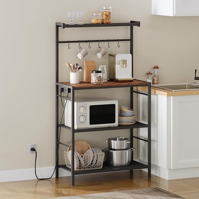 MAHANCRIS Bakers Rack with Power Outlet, Kitchen Storage Shelf with 6 Hooks - Image 4