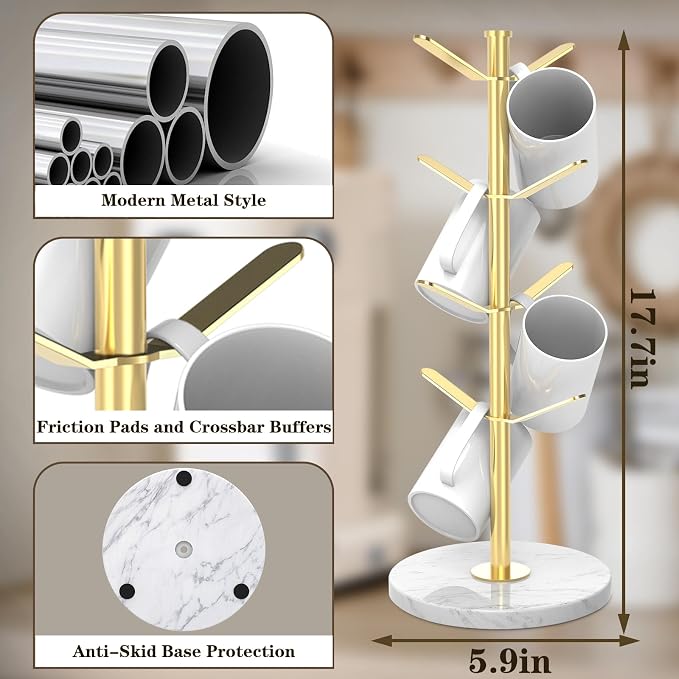 Marble Mug Holder Tree with 8 Hooks, Stainless Steel Coffee Cup Holder - Image 3