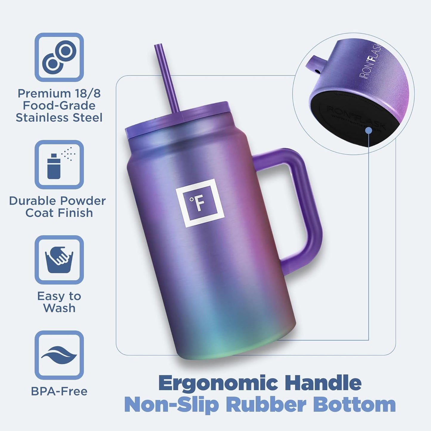 IRON °FLASK Co-Pilot Insulated Mug w/Straw & Flip Cap Lids - Cup Holder Bottle for Hot, Cold Drink - Leak-Proof - Water, Coffee Portable Travel Mug - Sage, 50 Oz