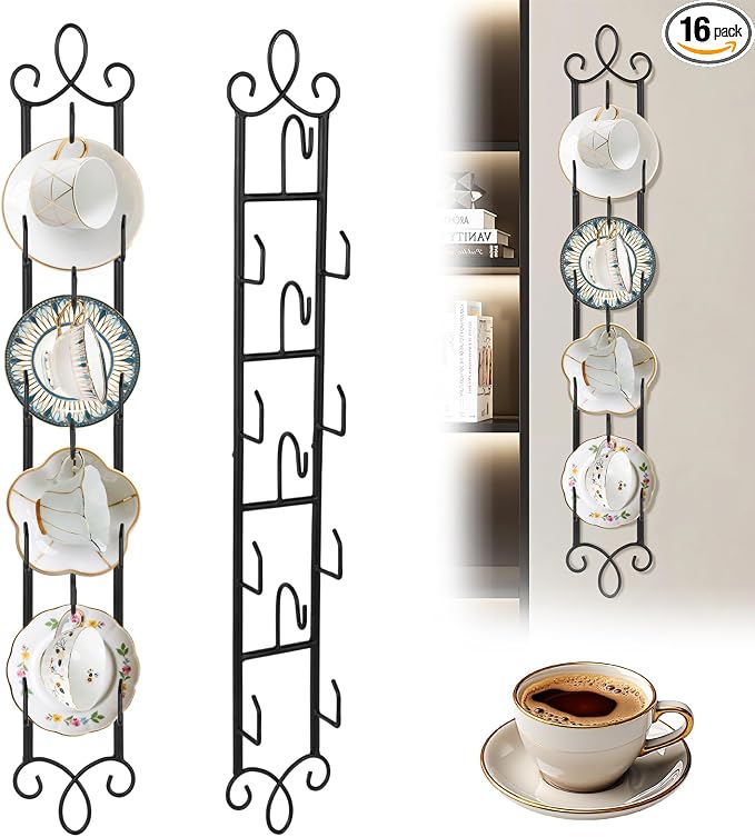 AQQHSAIN 2 Pcs Tea Cup and Saucer Display Stand 4 Tiers Wall Mounted Tea Cup by AQQHSAIN