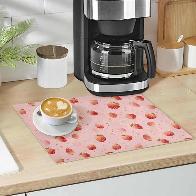 Red Dots Strawberry Coffee Mat Coffee Bar Maker Backed Absorbent Nonslip - Image 5