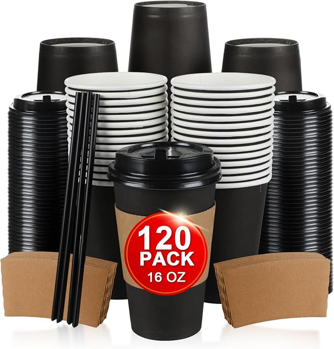 RAZCC 120 Pack 16 oz Paper Coffee Cups Set, Disposable Black Coffee Cups by RAZCC