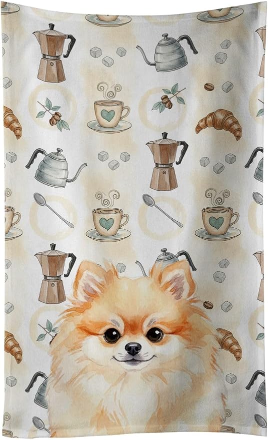 Caroline's Treasures Pomeranian Coffee Bar Kitchen Towel Velour Plush Front and by CarolinesTreasures