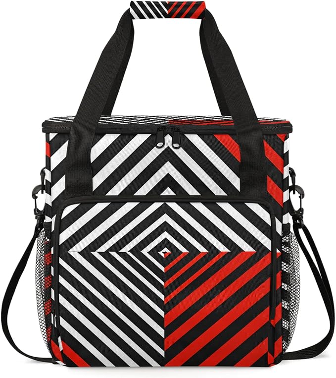 Black White and Red Coffee Maker Travel Bag, Striped Insulated Grocery Bag by Home