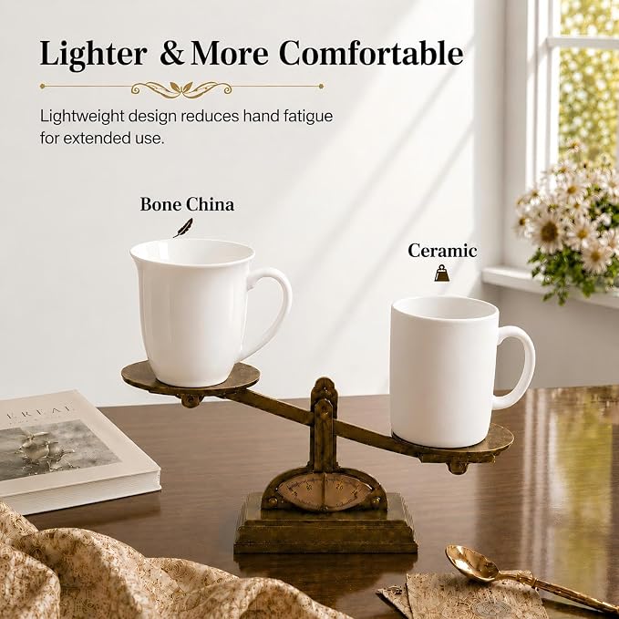 Fine Bone China Coffee Mugs Set of 2, 13 Oz White Tea Cups - Image 4