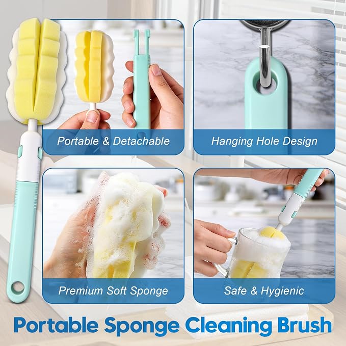 14Pcs Bottle Brush Cleaner Set, Long Handle Bottle Brushes, Sponge Brushes - Image 5