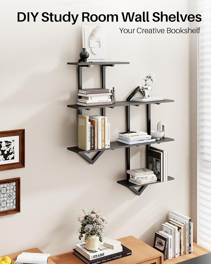 3 Tier Floating Shelves, Modern Geometric Wooden Shelf - Image 4