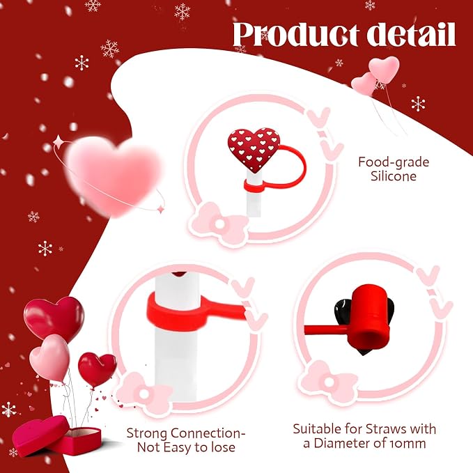 10Pcs Valentine's Day Straw Covers Cap Toppers Heart Lips Rose Reusable - Image 4