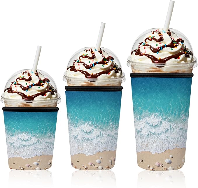 Beach Wave Iced Coffee Cup Sleeve 3 Pack, Ocean Reusable Neoprene Holder by Unknown