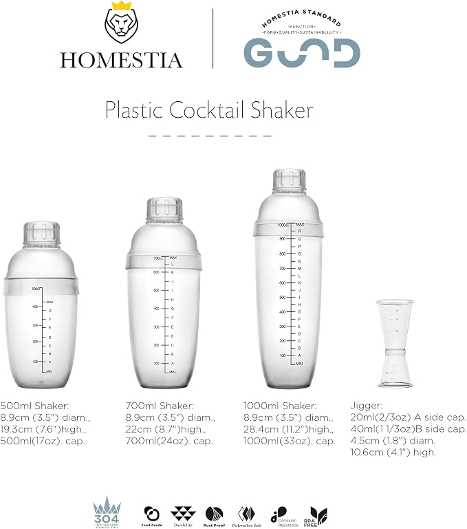 Homestia 4 Pack Plastic Cocktail Shaker Jigger Set, 700ml Clear Boston Shaker - Image 9