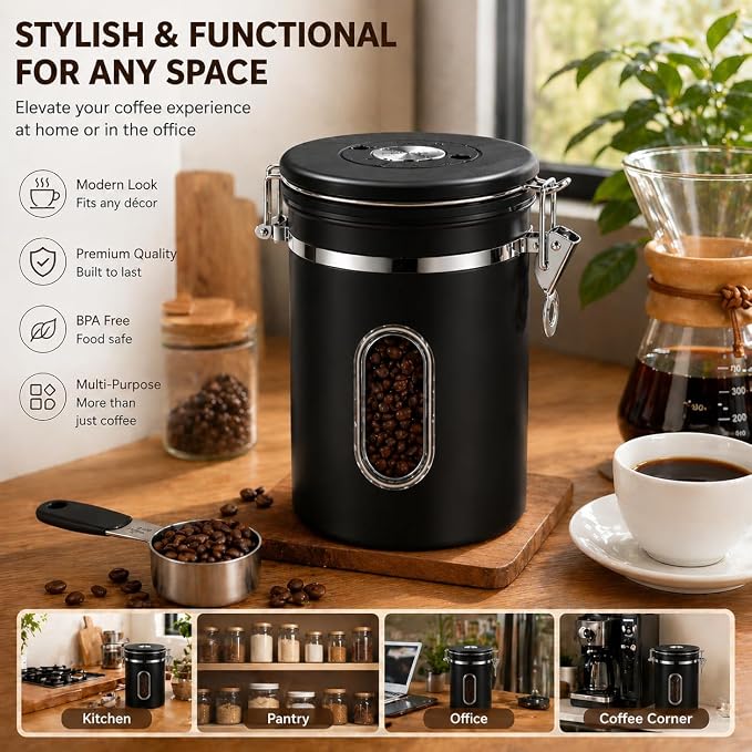 Black Coffee Canister Airtight 22oz Stainless Steel Coffee Bean Storage - Image 5